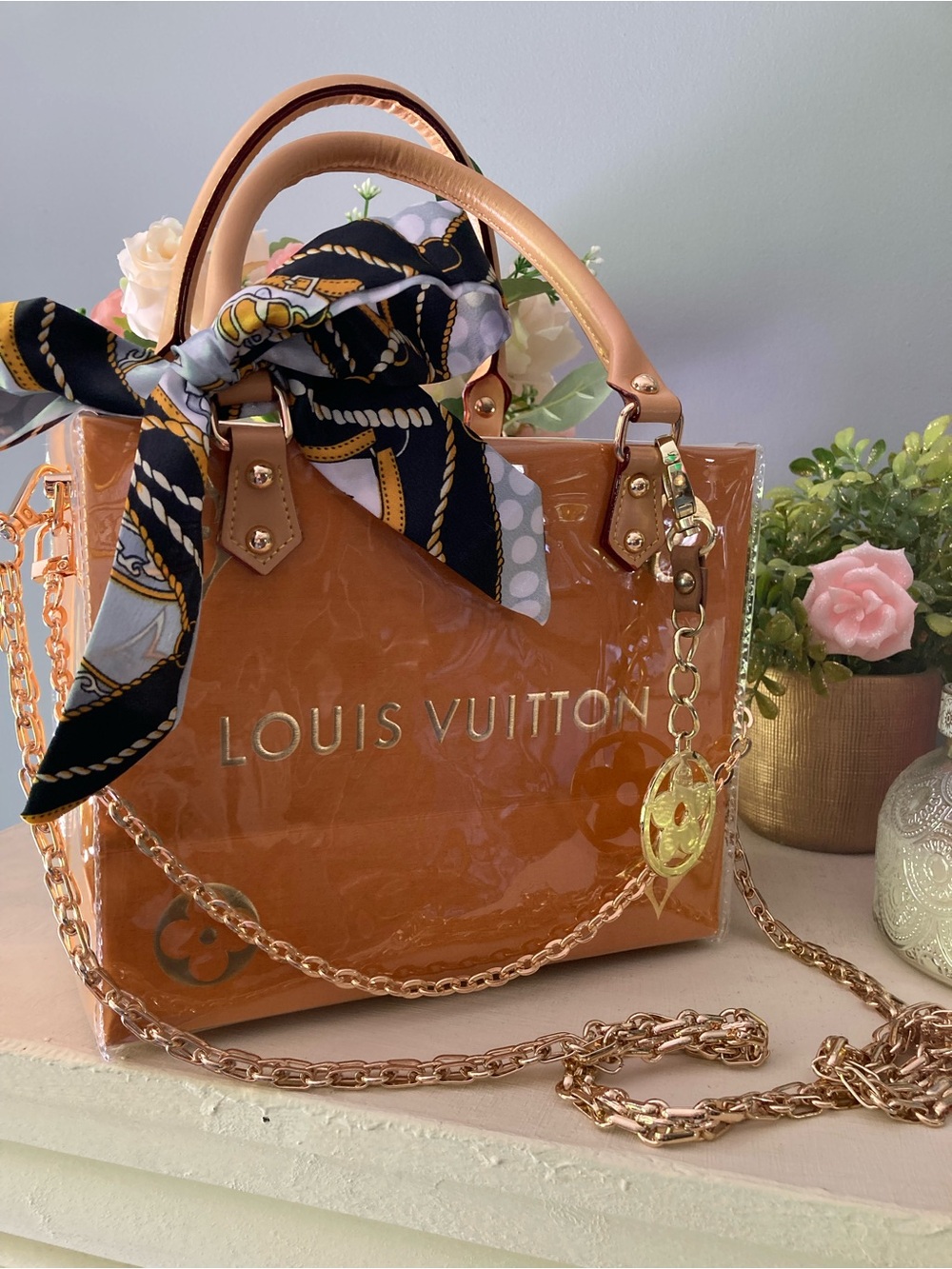 Louis Vuitton Orange Patent Top-Handle Shopping Tote with Gold Hardware